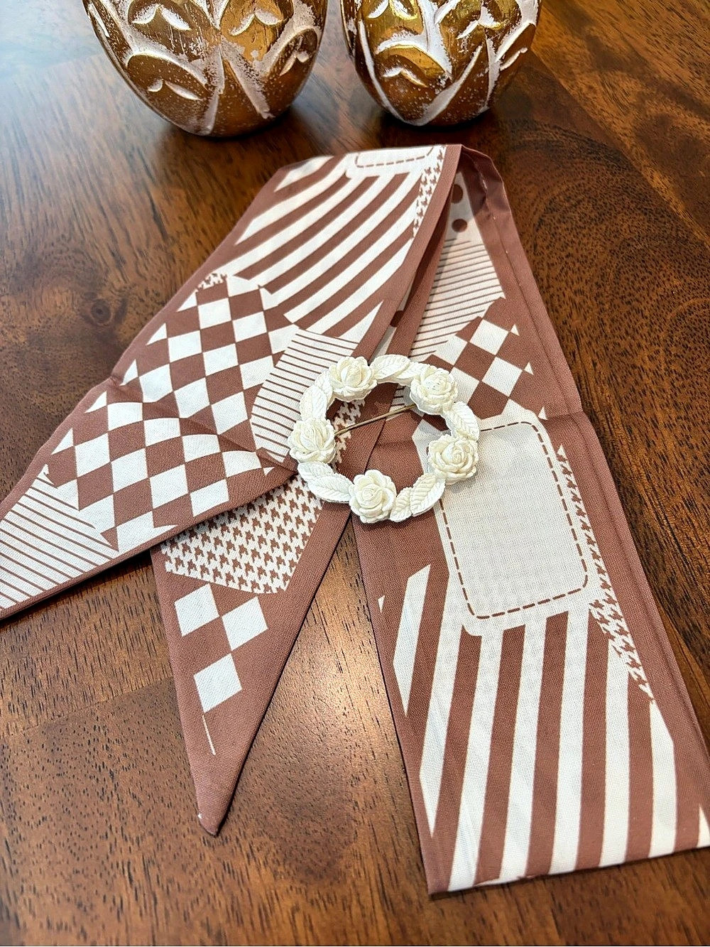 Brown & Cream Geometric Scarf NWT with Bone Colored Rose Brooch